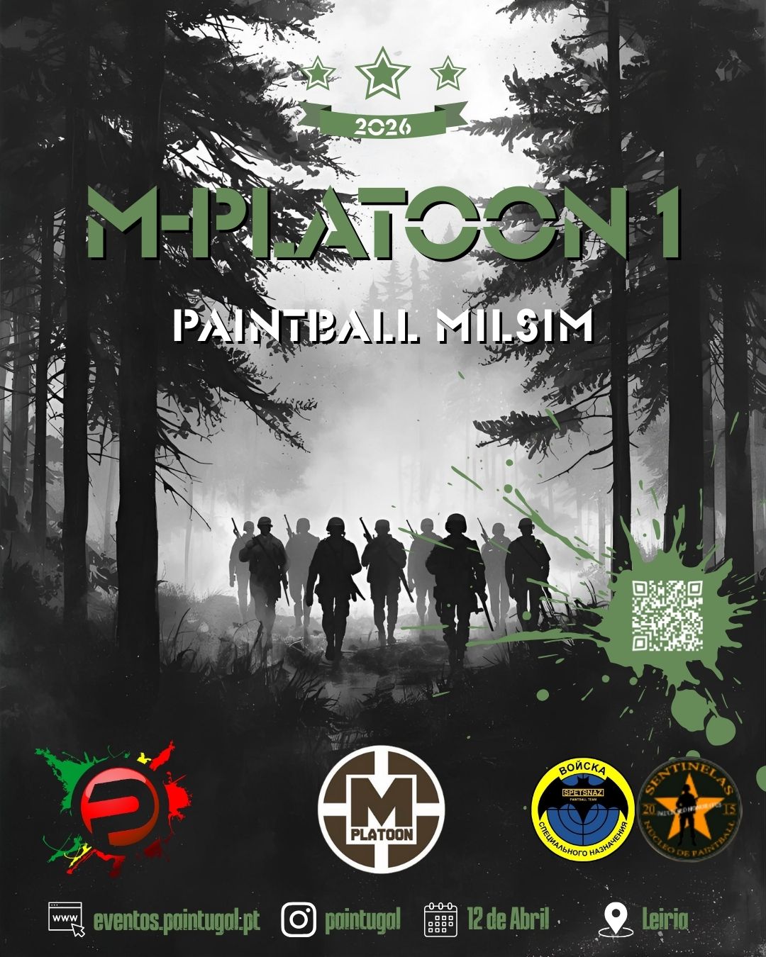 Jogadores de paintball em simulação militar no evento M-Platoon 1 de 2026 da Paintugal