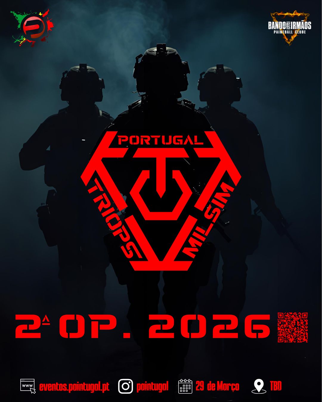 Cartaz oficial da 2.ª prova TriOps Milsim Portugal 2026, competição de paintball tático e simulação militar.